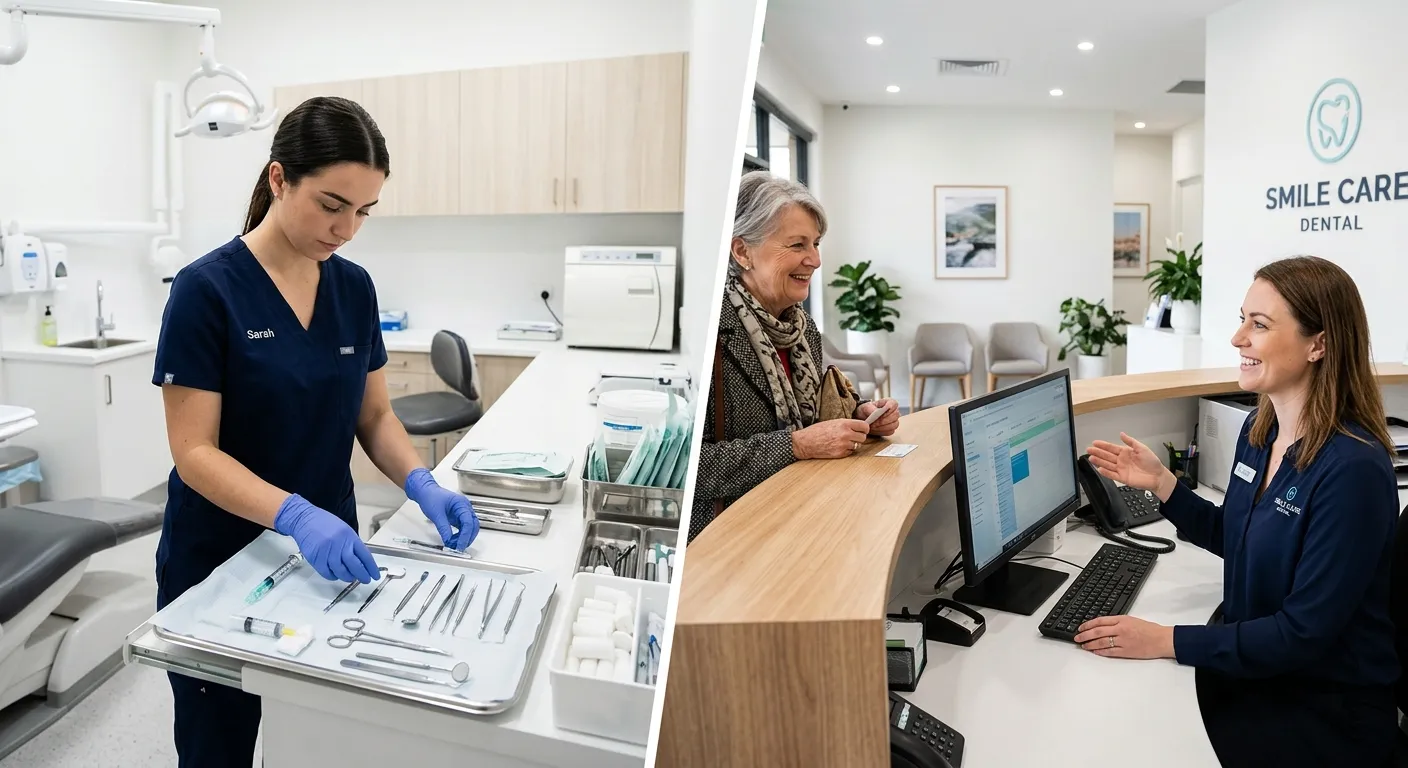 A split-screen image showing a dental nurse preparing a surgery tray on one side and a friendly rece... A split-screen image showing a dental nurse preparing a surgery tray on one side and a friendly receptionist greeting a patient at a modern front desk on the other