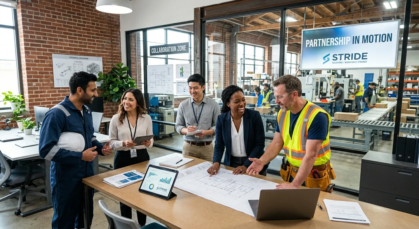 A dynamic, professional photo of a diverse team of office and industrial workers collaborating in a modern workspace, symbolizing partnership between a staffing agency and a business. Style: Inspiring, professional, high-resolution. Mood: Collaborative, successful, and forward-thinking.
