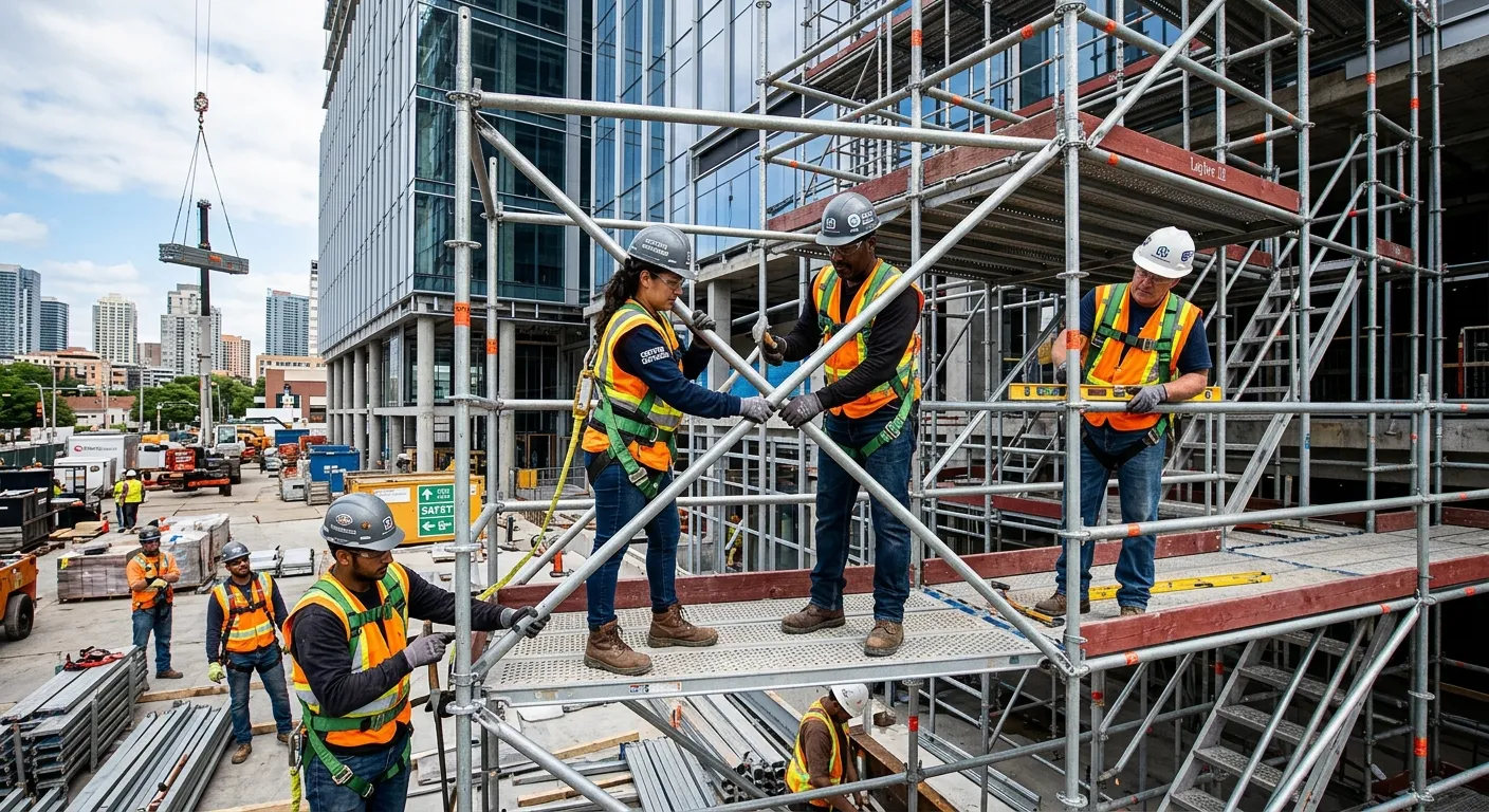 A diverse team of certified scaffolders in high-visibility gear collaborating on a complex system sc... A diverse team of certified scaffolders in high-visibility gear collaborating on a complex system scaffold structure on a modern commercial building site, showcasing professionalism and safety.