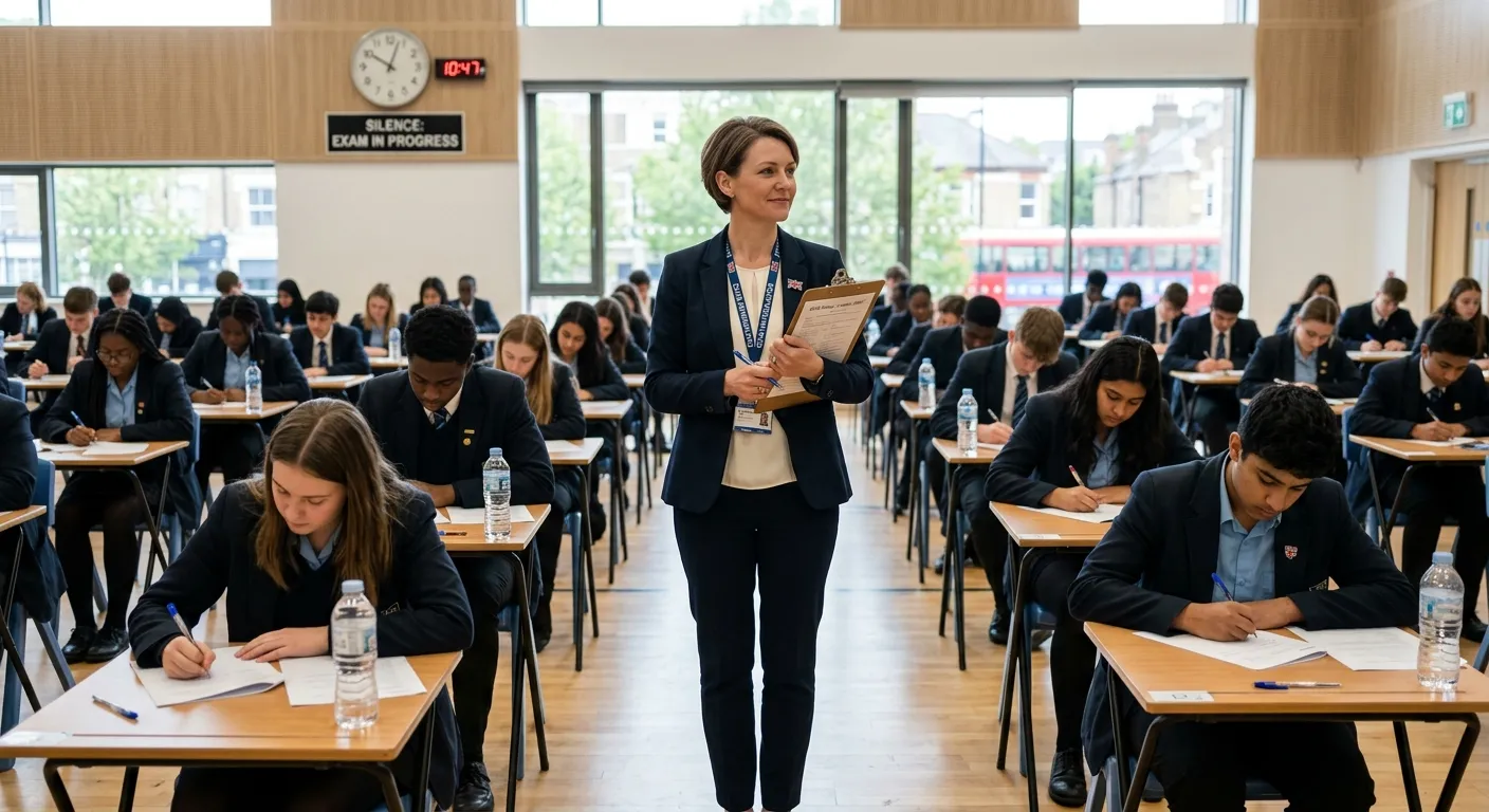Professional, confident Exam Invigilator in a bright, modern school or exam hall in London, overseeing students. The invigilator is dressed smart-casual, holding a clipboard, with a calm and authoritative demeanour. The image should convey trust, professionalism, and the importance of the role.