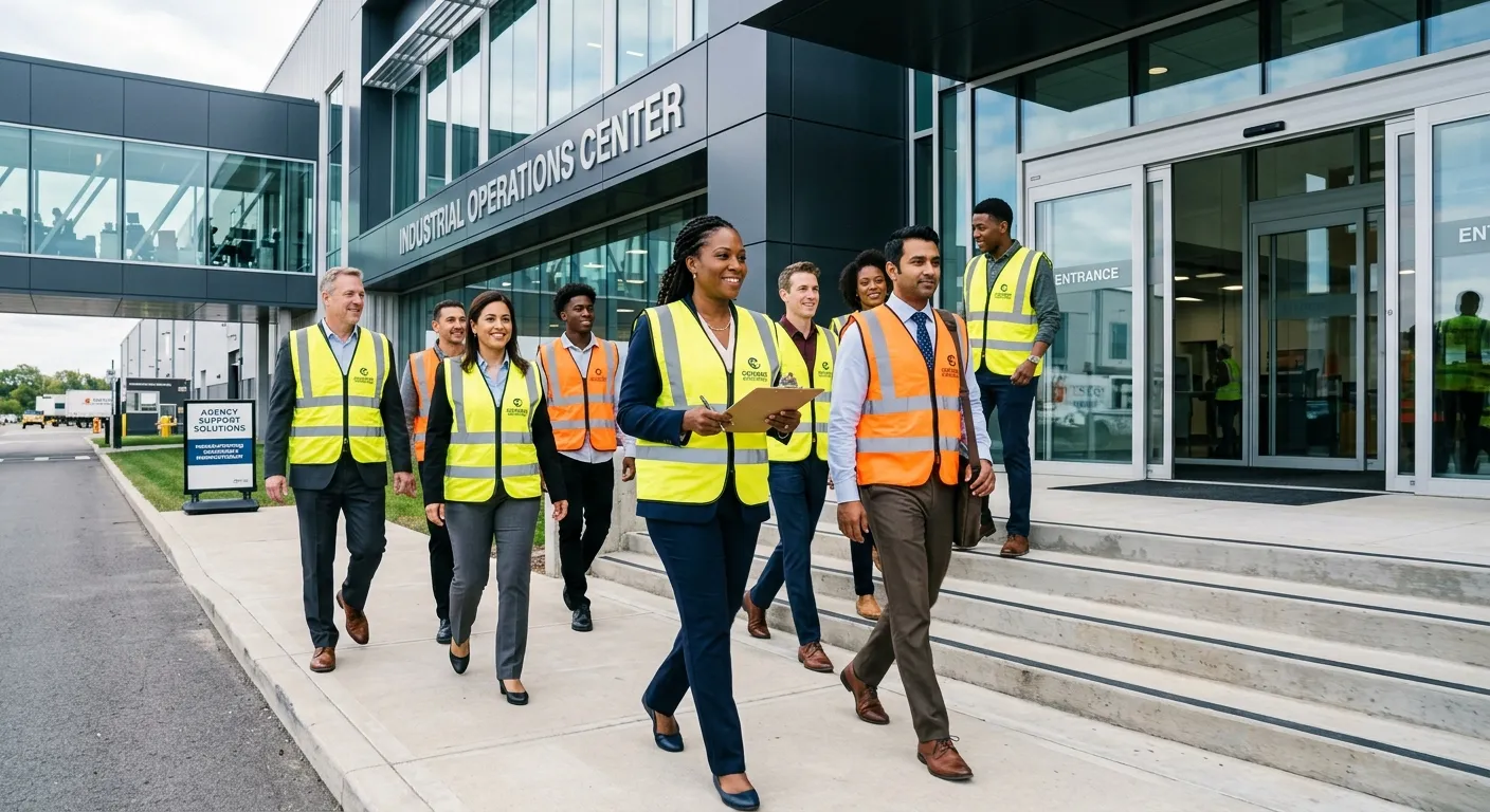 A dynamic, professional photo showing a diverse group of agency workers in high-visibility vests and business attire confidently entering a modern industrial facility or office building, representing seamless coverage during a strike. The mood is proactive, reliable, and solution-oriented.