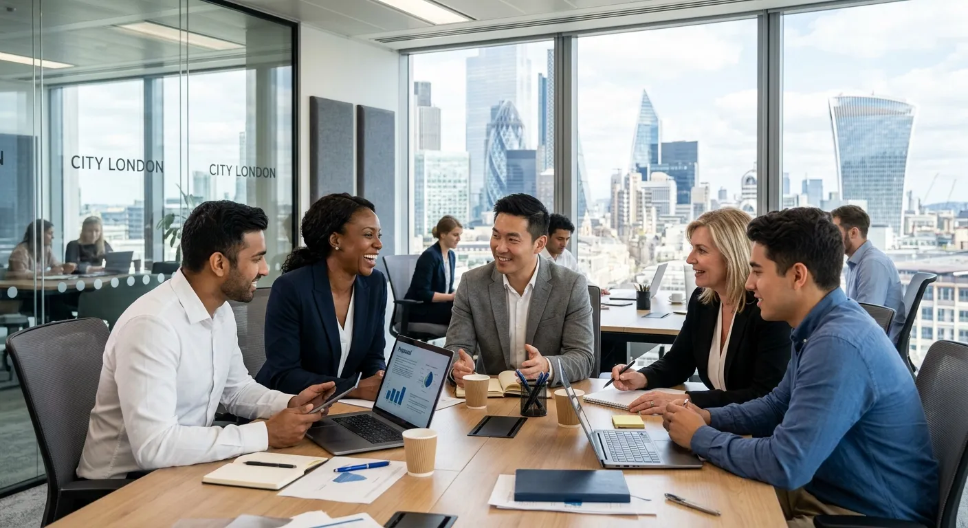 A professional, diverse team of sales executives collaborating in a modern London EC2 office, looking confident and engaged, with the City skyline visible through a window. Style: professional corporate photography, bright and aspirational.