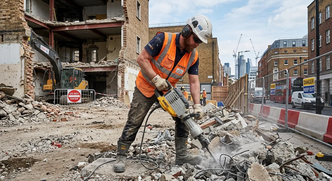 A professional, action-oriented photograph of a Demolition Labourer in full PPE (hard hat, hi-vis ve... A professional, action-oriented photograph of a Demolition Labourer in full PPE (hard hat, hi-vis vest, safety boots, gloves) working on a controlled demolition site in an urban London setting like Islington or Shoreditch. The operative is using a power tool or clearing rubble, showcasing a safe, skilled, and focused work environment.