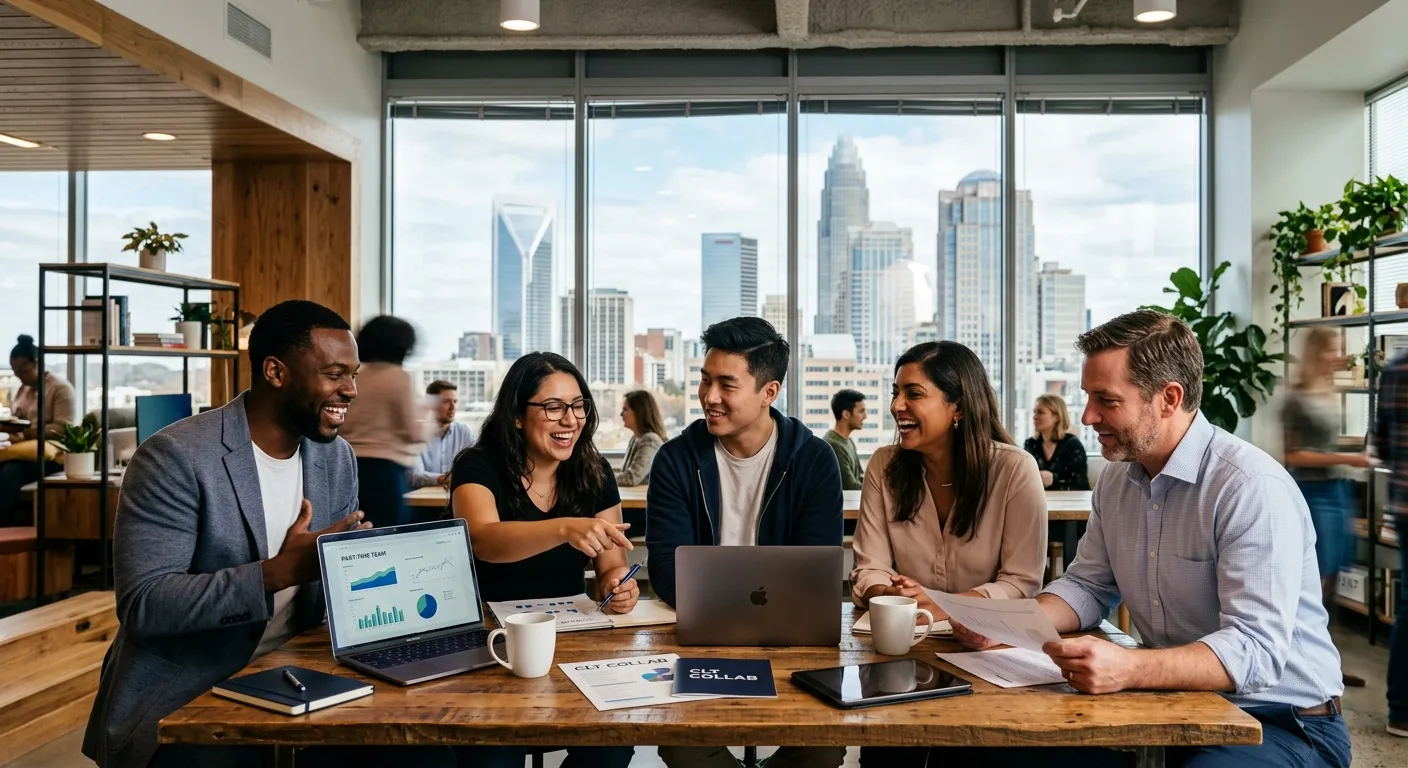 A dynamic, professional hero image showing a diverse group of part-time workers collaborating in a m... A dynamic, professional hero image showing a diverse group of part-time workers collaborating in a modern Charlotte office setting. The mood is energetic, productive, and inclusive, with the Charlotte skyline subtly visible through a window.