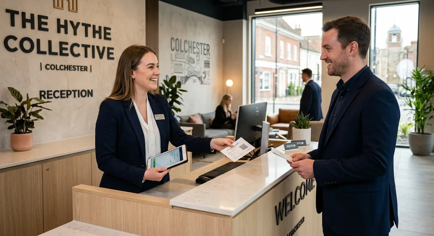Professional, welcoming photograph of a receptionist or front of house staff member smiling and assisting a client in a modern office or hotel lobby in Colchester, conveying a sense of professionalism and approachability