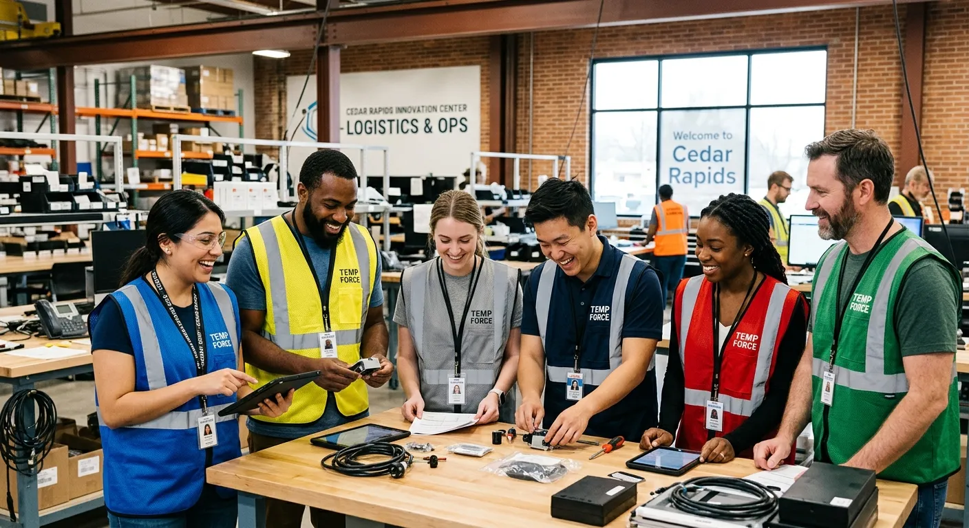 A dynamic, professional photo of a diverse team of temporary workers in a modern Cedar Rapids office... A dynamic, professional photo of a diverse team of temporary workers in a modern Cedar Rapids office or industrial setting, collaborating and smiling. Style: Bright, realistic, and energetic. Mood: Professional, productive, and reliable.