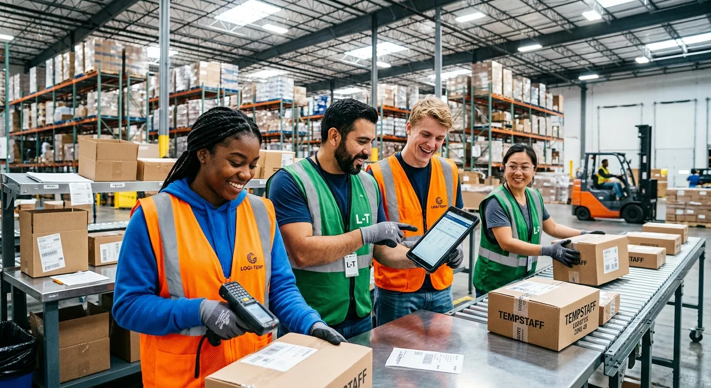 A dynamic, professional hero image showing a diverse team of temporary workers in a modern warehouse setting, smiling and collaborating. The style is bright, high-contrast, and conveys energy and efficiency.