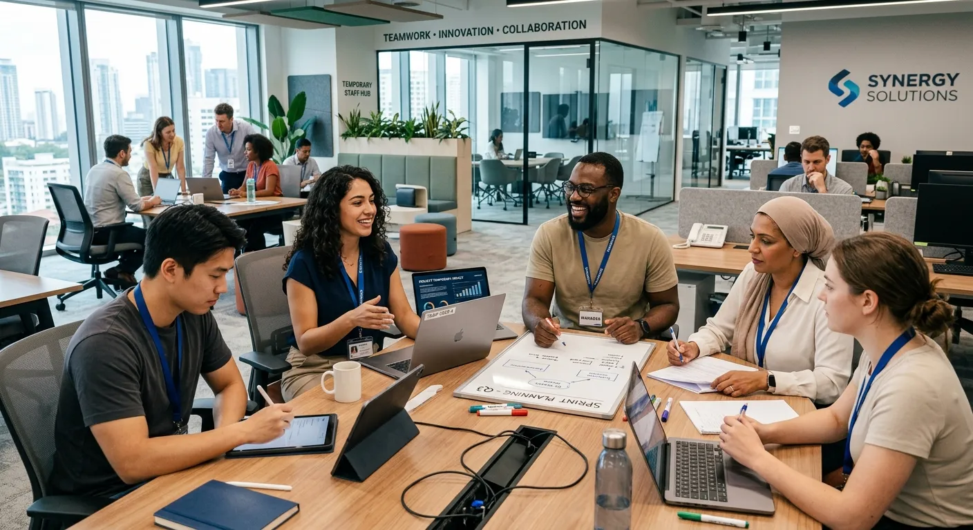 A dynamic, modern office setting with a diverse team of temporary workers collaborating with managers. Style: Professional, vibrant, and energetic, with a focus on teamwork and technology.
