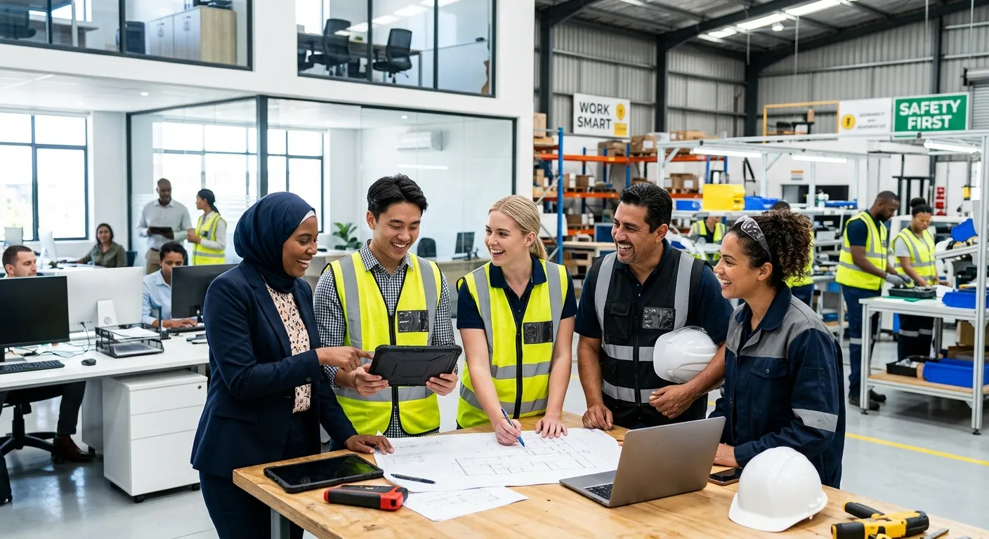 A modern, diverse group of professional temporary workers in an office and industrial setting, looki... A modern, diverse group of professional temporary workers in an office and industrial setting, looking engaged and collaborative. Style is bright, high-contrast, and professional, with a focus on dynamic energy.