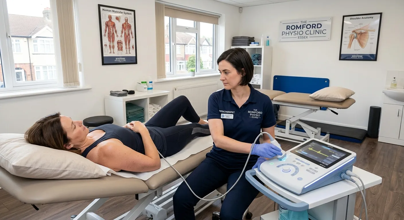 A modern, well-equipped physiotherapy treatment room in a Romford clinic, showing a therapist using... A modern, well-equipped physiotherapy treatment room in a Romford clinic, showing a therapist using an ultrasound machine with a patient.