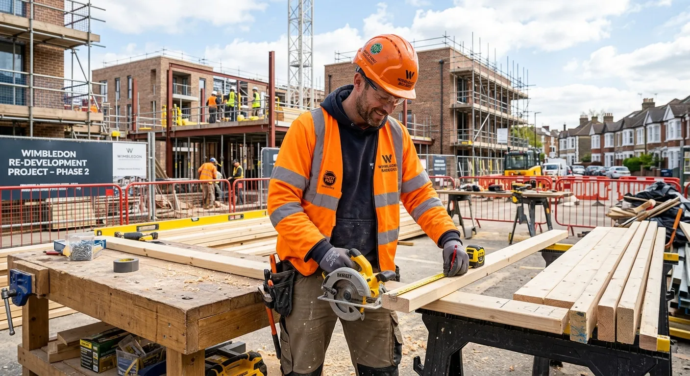 A professional, confident carpenter in high-visibility clothing, measuring and cutting wood on a wel... A professional, confident carpenter in high-visibility clothing, measuring and cutting wood on a well-lit construction site in Wimbledon, showcasing skill and precision.