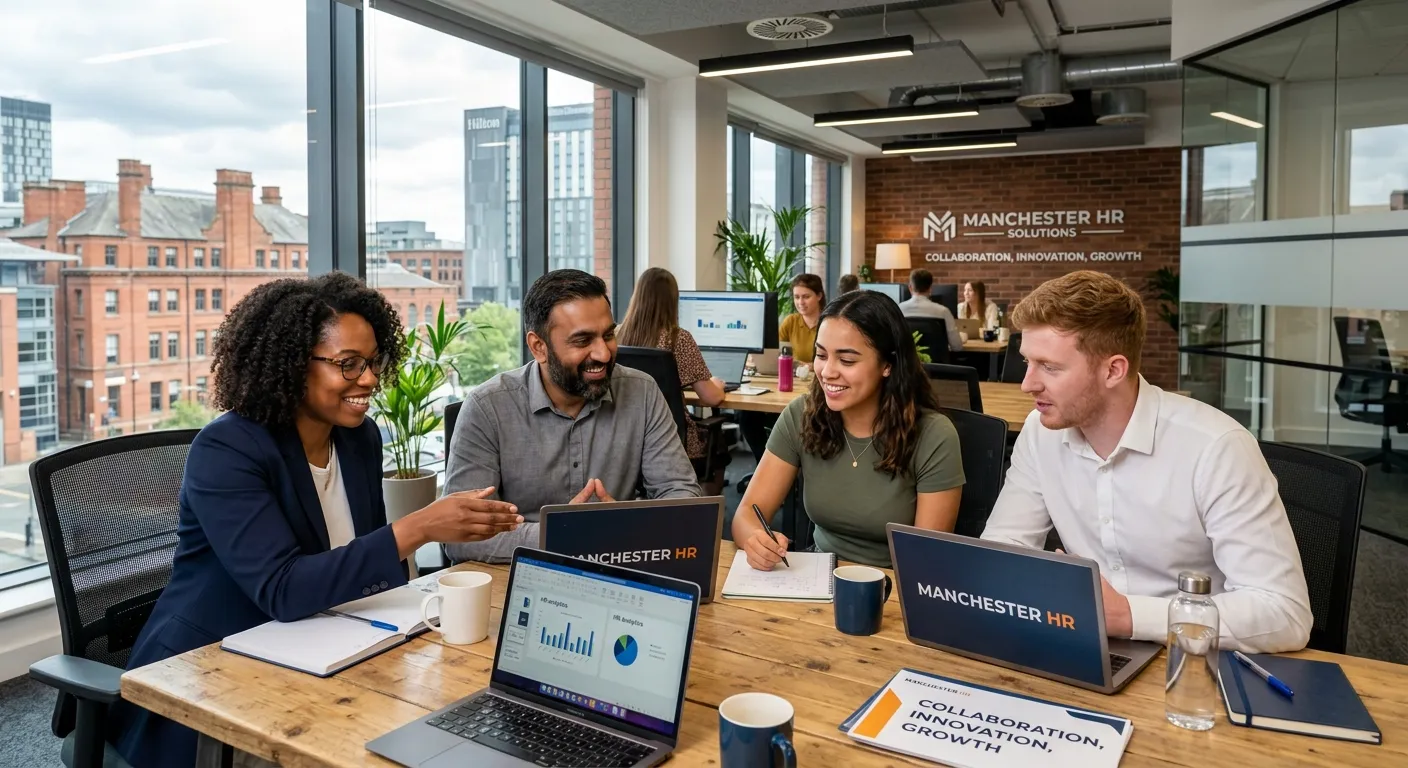 Professional and friendly photo of a diverse HR team collaborating in a modern Manchester office setting. The mood should be efficient, supportive, and collaborative.