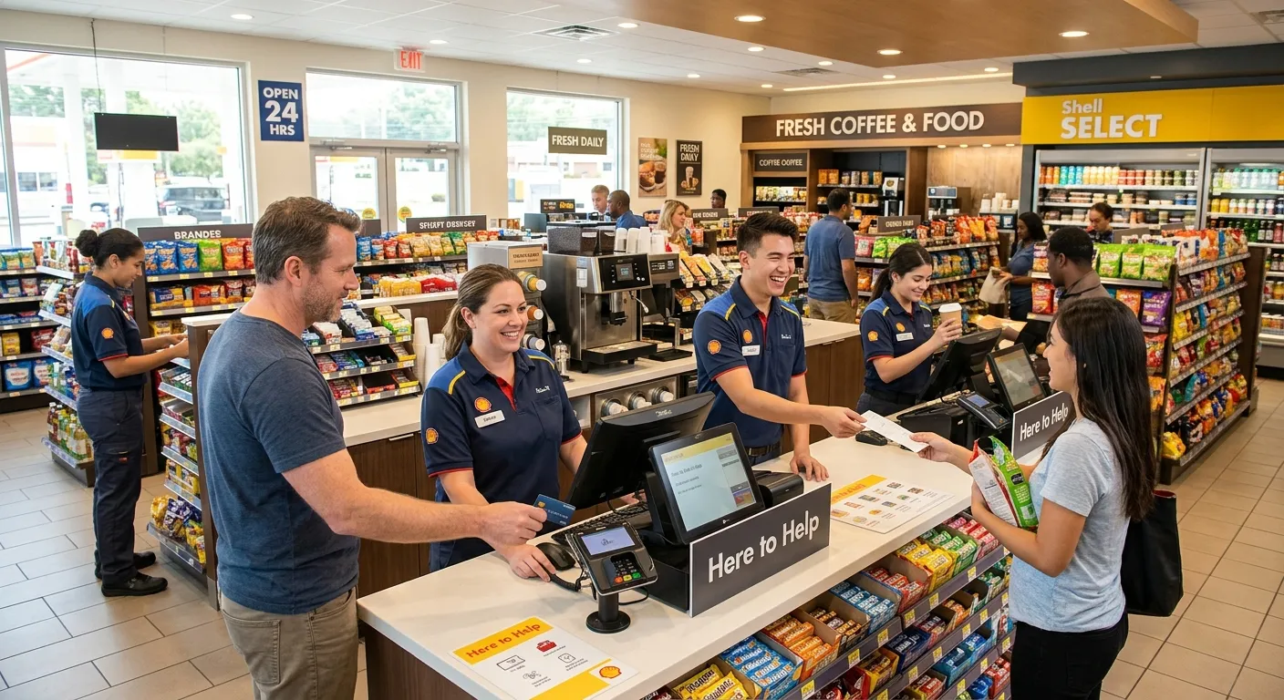 Professional, well-lit interior of a modern convenience store or gas station, showcasing friendly staff in uniform assisting customers. Focus on a team environment. Style: Corporate, authentic, inviting. Mood: Busy, efficient, and community-oriented.