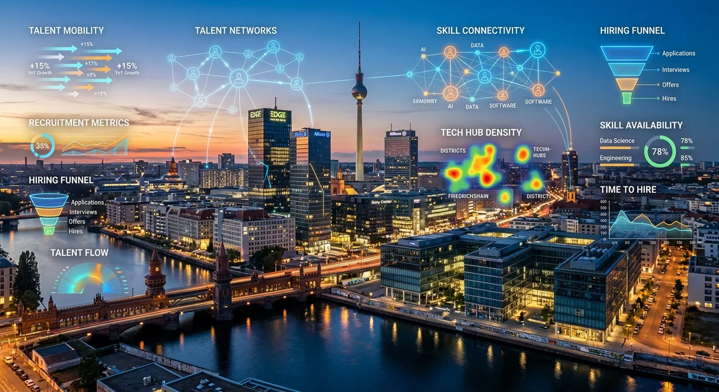 Modern, dynamic skyline of Berlin with a focus on corporate buildings and tech hubs, overlaid with semi-transparent data visualizations of talent networks and recruitment metrics. Professional, vibrant, and forward-looking mood.
