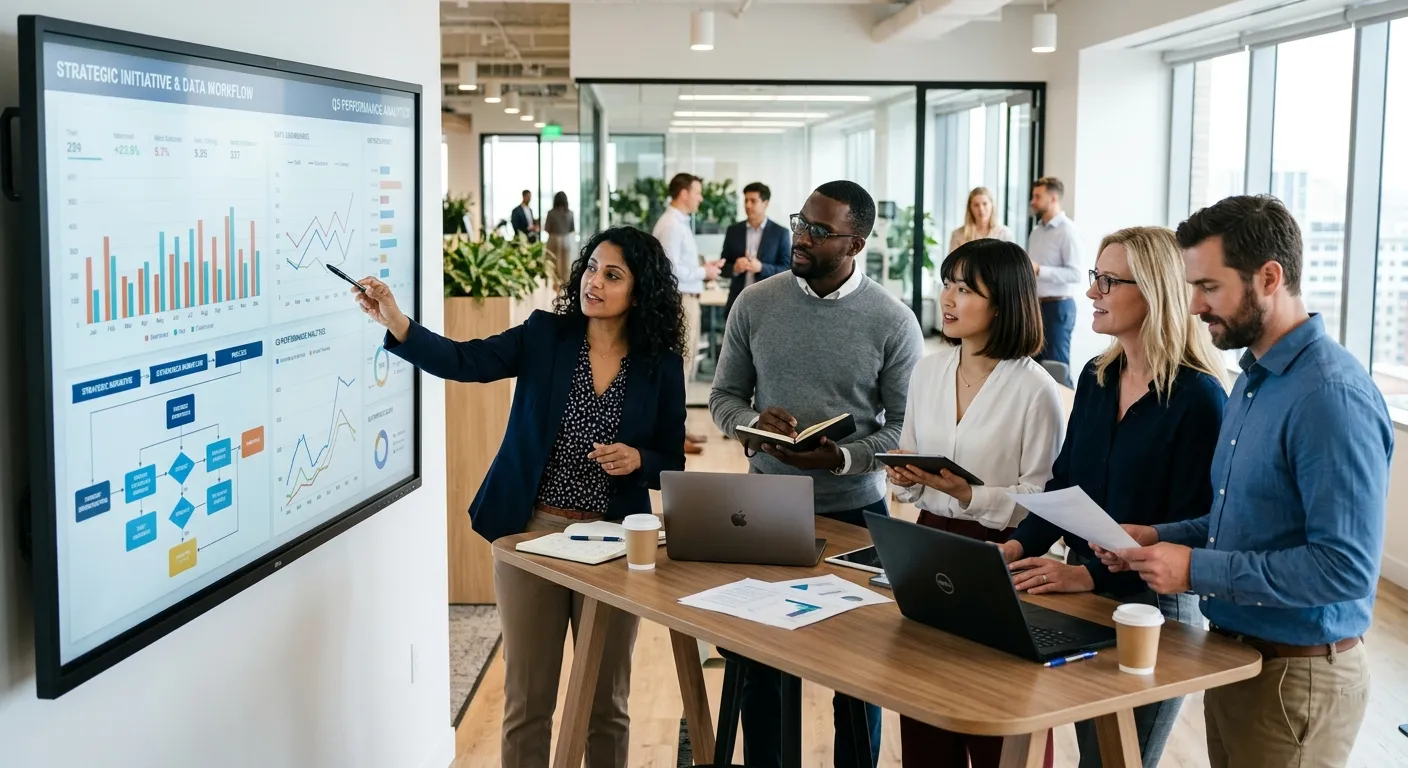 A diverse team of professional business analysts in a modern office, collaborating over data dashboa... A diverse team of professional business analysts in a modern office, collaborating over data dashboards and flowcharts on a large screen. Style: professional, bright, focused. Mood: collaborative, innovative, and strategic.