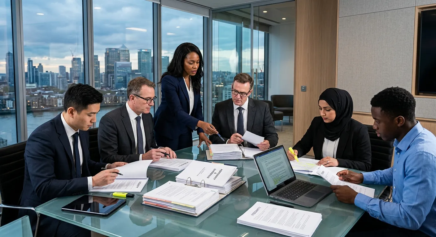 A professional, high-contrast photo of a diverse team of contracts managers in a modern boardroom. T... A professional, high-contrast photo of a diverse team of contracts managers in a modern boardroom. They are reviewing complex legal documents on a glass table, with a city skyline visible through the window. Style: Corporate, sharp, authoritative. Mood: Confident, strategic, and detail-oriented.