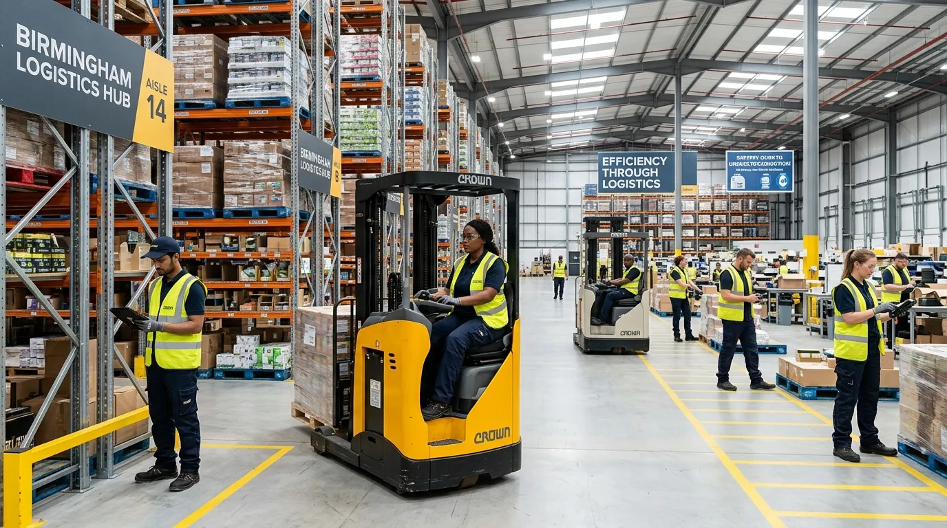 A dynamic, professional hero image showing a modern, well-organized warehouse in Birmingham with diverse, skilled workers operating forklifts and managing inventory, conveying efficiency and scale. Mood: Professional, energetic, and modern.