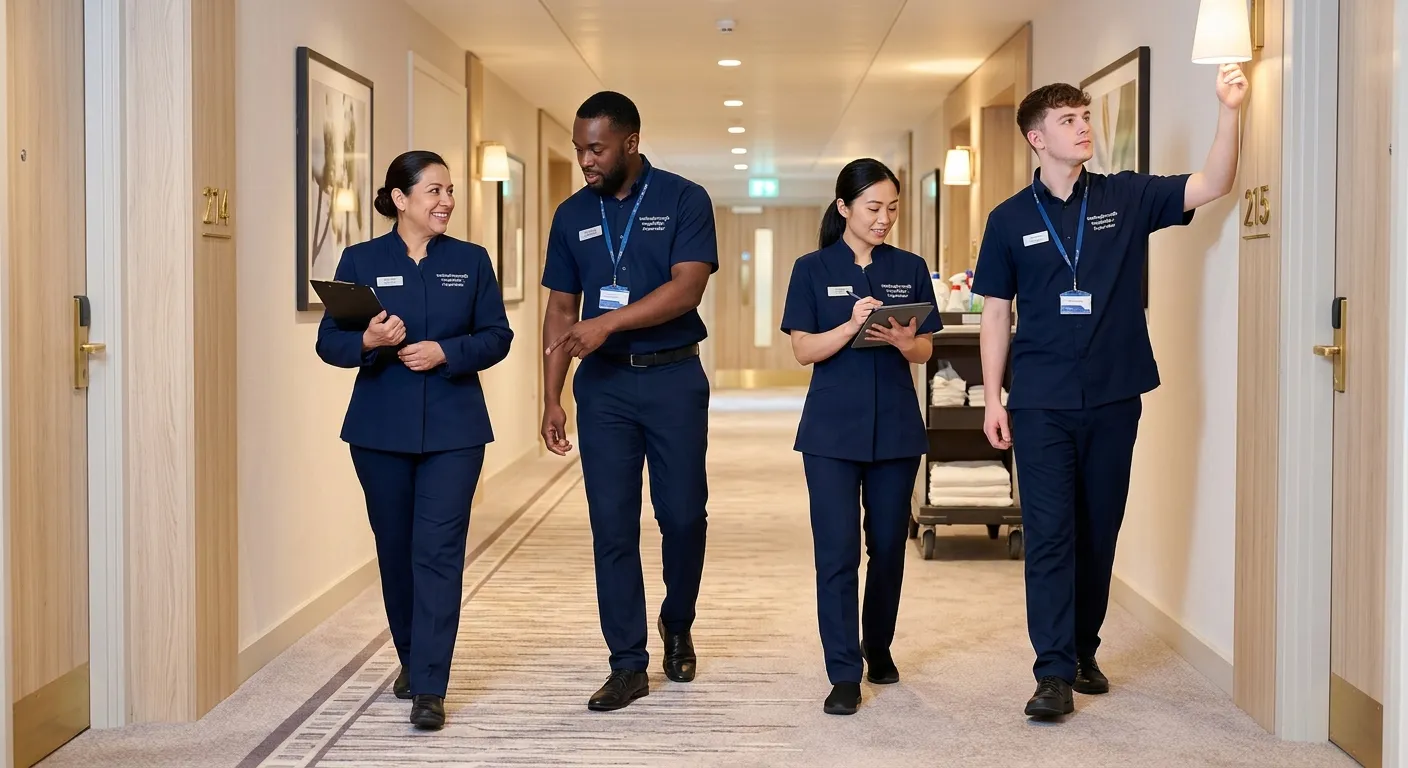 A professional, diverse team of housekeeping supervisors in smart uniforms, confidently inspecting a... A professional, diverse team of housekeeping supervisors in smart uniforms, confidently inspecting a pristine, modern hotel corridor in Wellingborough, conveying professionalism and teamwork.