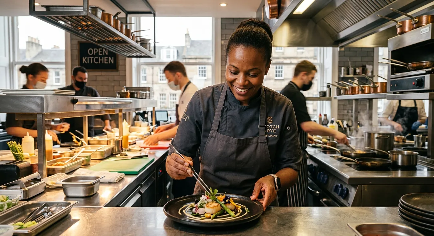 A professional chef in a modern, well-equipped kitchen in Edinburgh, expertly plating a dish. The im... A professional chef in a modern, well-equipped kitchen in Edinburgh, expertly plating a dish. The image conveys skill, cleanliness, and a fast-paced hospitality environment. The chef is smiling and focused.