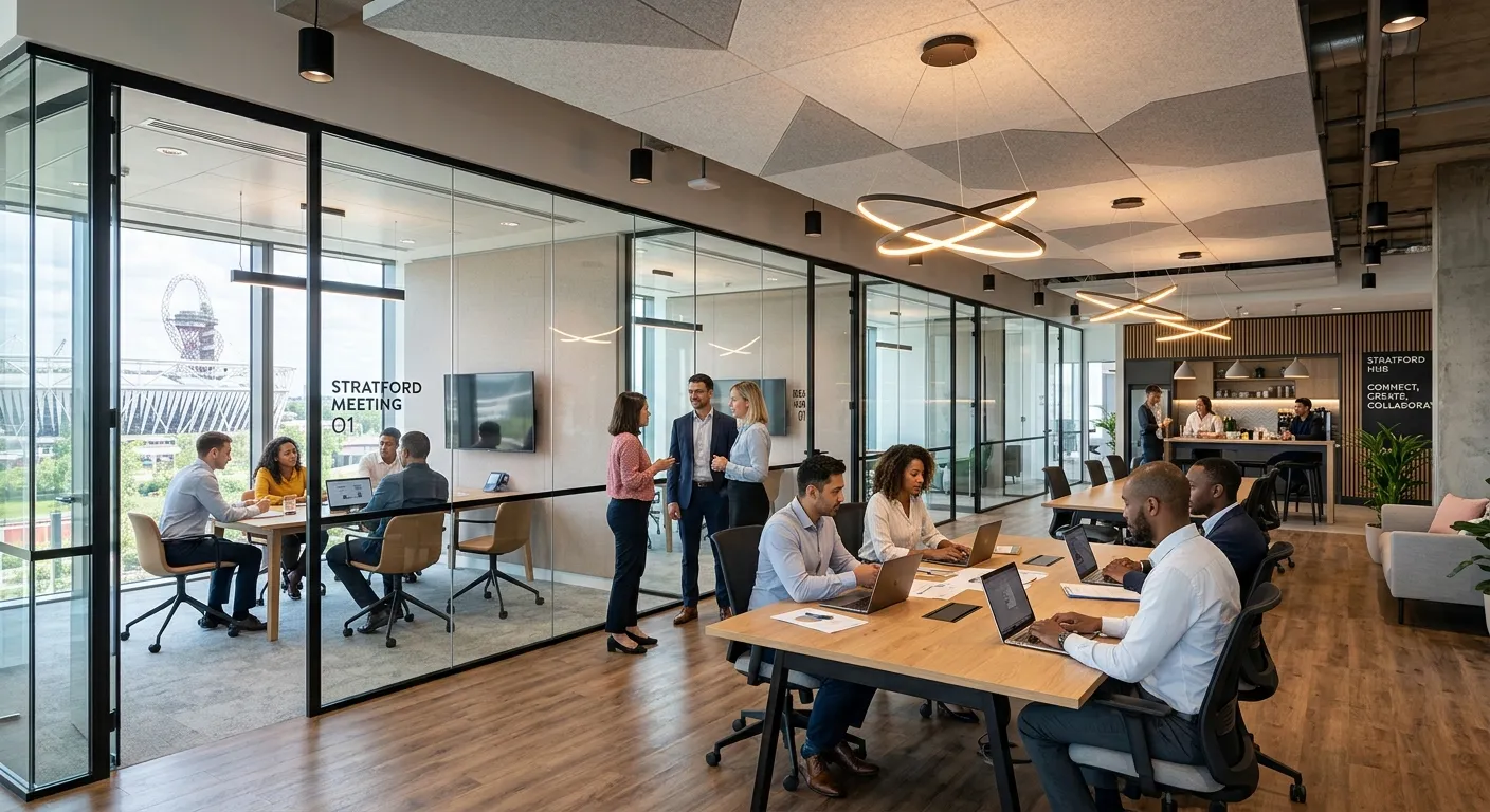 A modern, completed commercial office fit-out in Stratford with glass partitions, feature lighting,... A modern, completed commercial office fit-out in Stratford with glass partitions, feature lighting, and collaborative spaces, showcasing high-quality finish