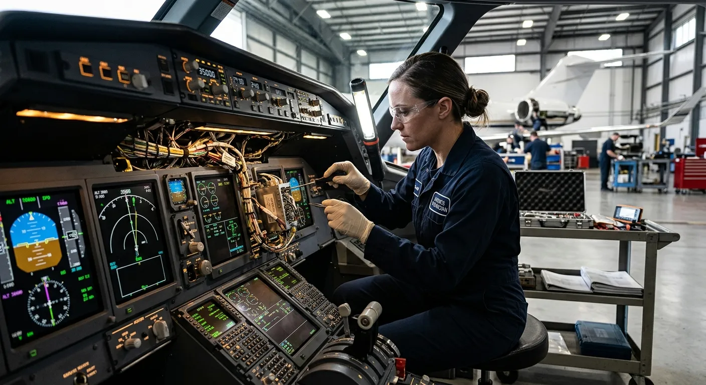 A high-contrast, professional photo of an avionics technician in a clean hangar, focused intently on... A high-contrast, professional photo of an avionics technician in a clean hangar, focused intently on a complex aircraft instrument panel. The mood is technical, precise, and safety-critical.