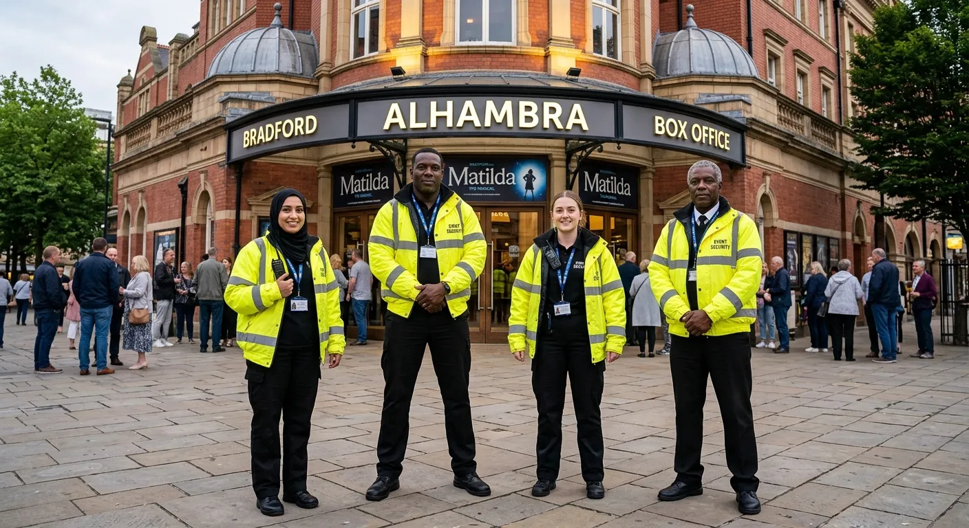 A professional, diverse group of event security personnel in high-visibility jackets, standing confi... A professional, diverse group of event security personnel in high-visibility jackets, standing confidently at the entrance to a large venue in Bradford, such as the Bradford Alhambra or a conference centre, looking alert and approachable.