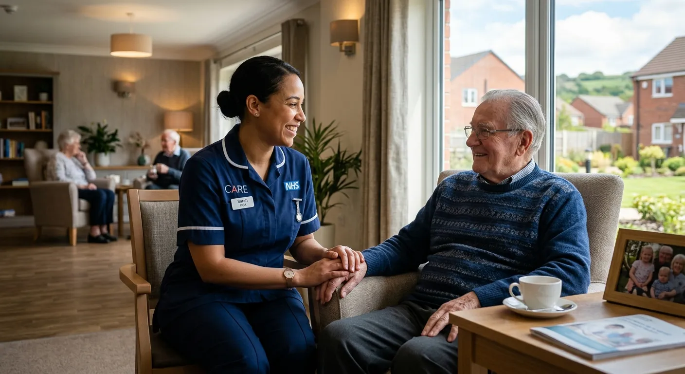 A professional and compassionate Healthcare Assistant in a modern care home setting in Bradford, pro... A professional and compassionate Healthcare Assistant in a modern care home setting in Bradford, providing support to an elderly resident with a gentle smile. The style is warm, authentic, and focused on the human connection of care work.