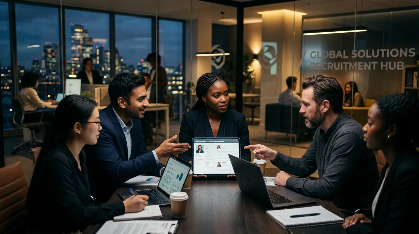 Professional, high-contrast hero image showing a diverse team of professionals in a modern office collaborating, with a focus on a hiring manager reviewing candidate profiles on a tablet. Moody, professional lighting.