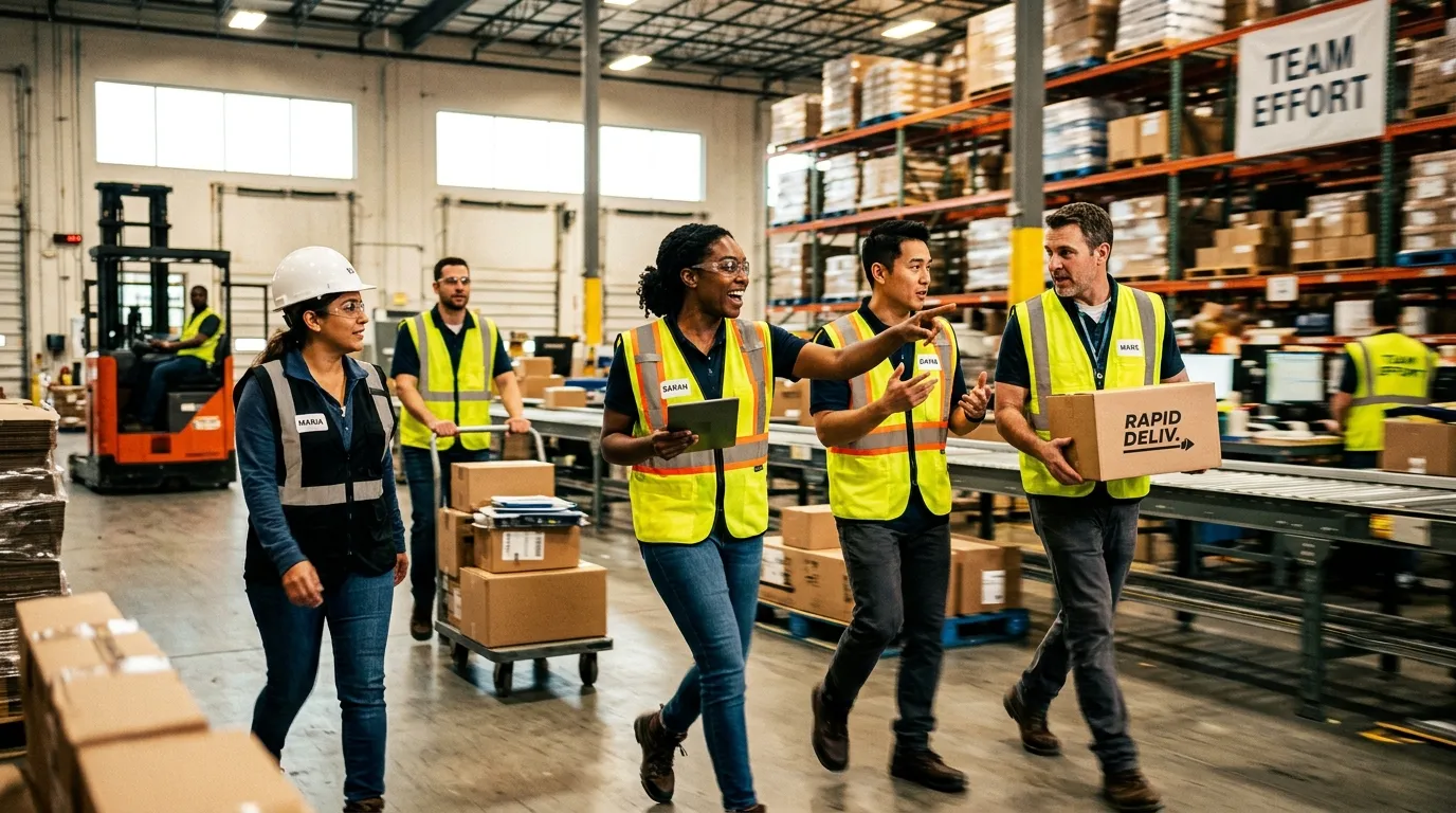 A dynamic, professional hero image showing a diverse team of workers collaborating in a modern warehouse or office setting. Focus on energy, readiness, and action. Style: High-contrast, vibrant, with a slight motion blur to imply speed.