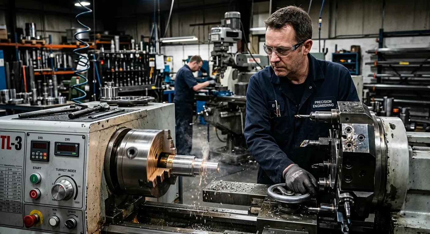 A professional, high-contrast shot of a skilled Turret Lathe Operator in a modern workshop, focused... A professional, high-contrast shot of a skilled Turret Lathe Operator in a modern workshop, focused on machining a metal component. The image should convey precision, expertise, and industrial technology, with sharp details on the lathe controls and finished part.
