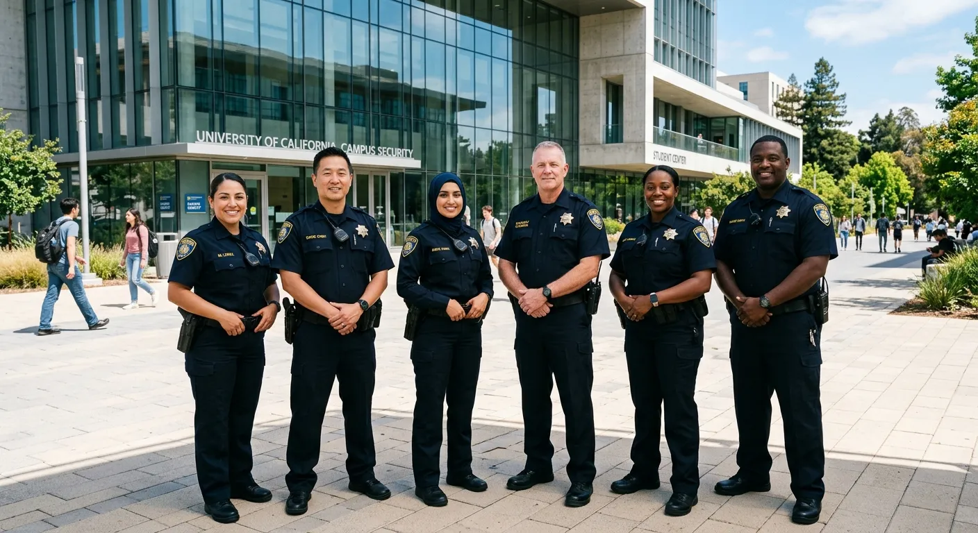A diverse, professional group of campus security staff in uniform, standing confidently in front of... A diverse, professional group of campus security staff in uniform, standing confidently in front of a modern university building, daytime, high-contrast professional photography