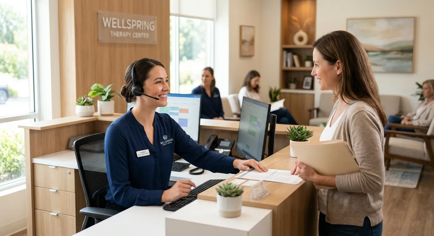 A professional, warm, and welcoming shot of a Therapy Center Receptionist in a modern clinic setting. They are smiling, wearing a headset, and assisting a patient at a sleek reception desk. The mood is calm, professional, and caring, with soft natural light. The focus is on the receptionist's empathetic interaction and the organized, tranquil environment.