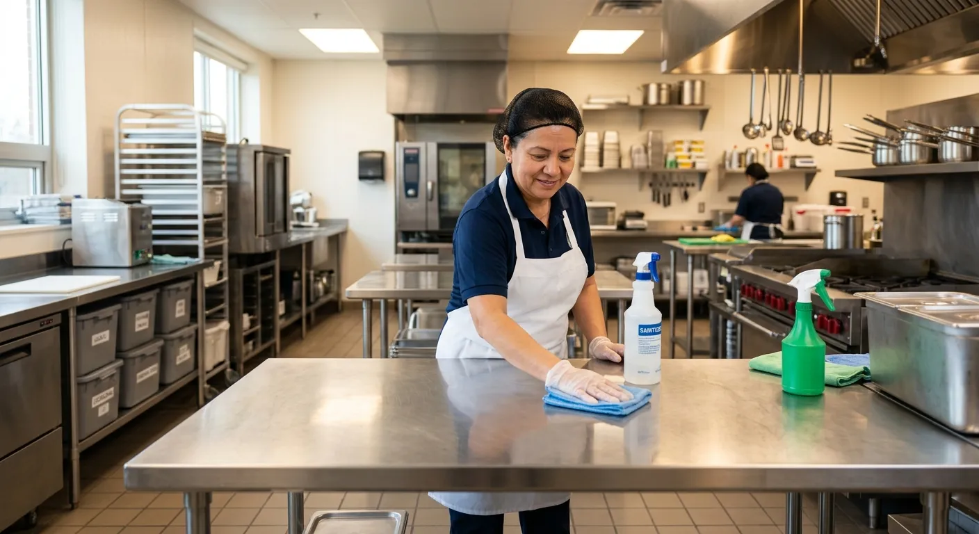 A professional, high-resolution image of a clean, organised school kitchen. Focus on a staff member... A professional, high-resolution image of a clean, organised school kitchen. Focus on a staff member in a crisp apron, meticulously cleaning a stainless-steel surface. The mood is hygienic, efficient, and professional, with warm lighting.