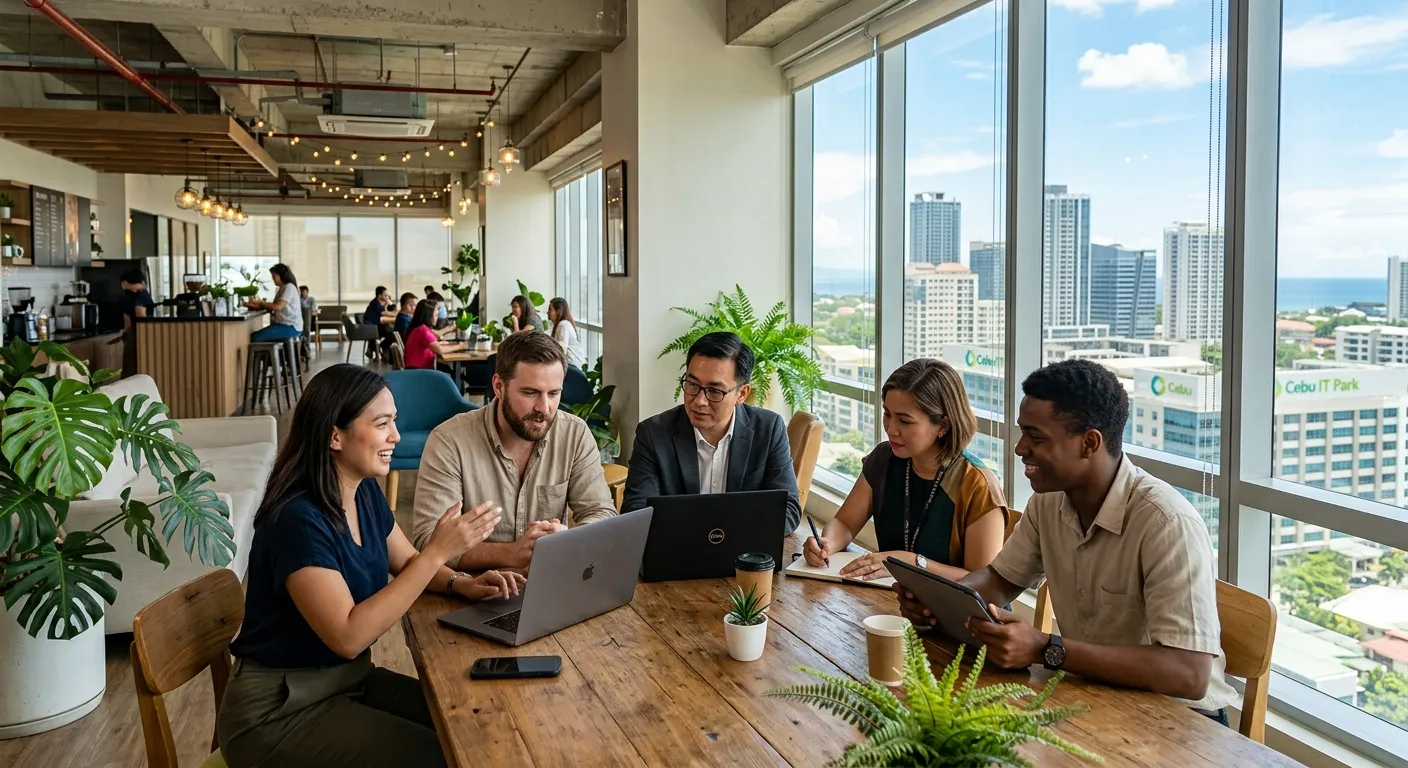 A dynamic, professional photo of Cebu's modern business district skyline blended with a diverse grou... A dynamic, professional photo of Cebu's modern business district skyline blended with a diverse group of professionals collaborating in a bright, contemporary co-working space, representing flexible work.