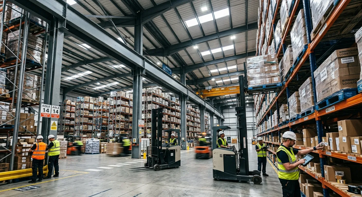 A modern, bustling warehouse in Birmingham with workers efficiently managing inventory on high shelv... A modern, bustling warehouse in Birmingham with workers efficiently managing inventory on high shelves, conveying a sense of precision, scale, and industrial activity. Shot from a low angle to emphasize the scale of the operation.