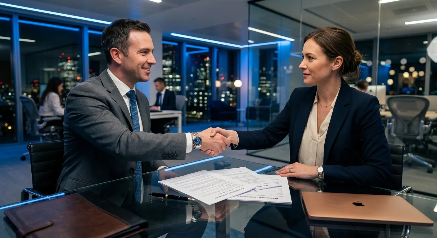 A professional, high-contrast image of a businessperson and a recruitment consultant shaking hands o... A professional, high-contrast image of a businessperson and a recruitment consultant shaking hands over a detailed contract document on a glass desk. Modern office background with subtle blue accent lighting.