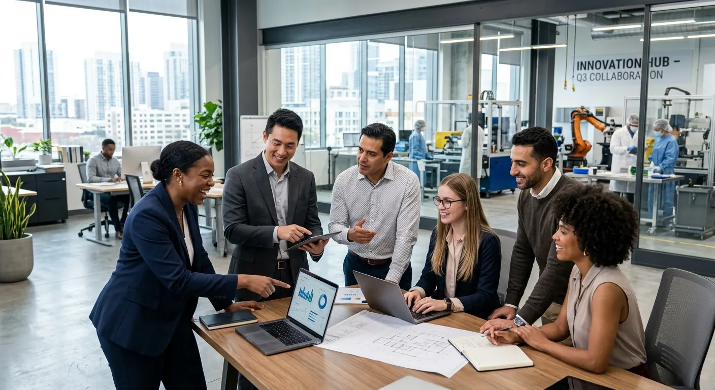 Modern, diverse group of professionals in an office or industrial setting, collaborating. Style is p... Modern, diverse group of professionals in an office or industrial setting, collaborating. Style is professional, high-resolution, with a focus on energy and partnership. Mood is confident and forward-looking.