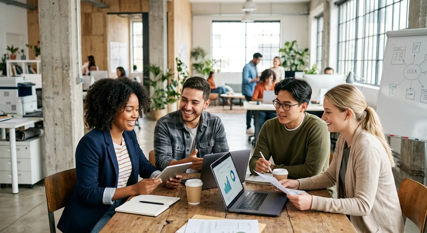 A diverse group of young adults, including a 17-year-old, engaged in a modern workplace setting, per... A diverse group of young adults, including a 17-year-old, engaged in a modern workplace setting, perhaps a warehouse or office, looking confident and professional. Style: High-quality, authentic, well-lit professional stock photo. Mood: Hopeful, professional, and inclusive.