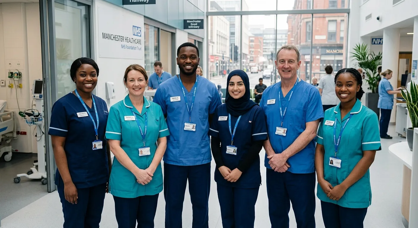 A professional, diverse group of healthcare support workers in clean uniforms, smiling confidently i... A professional, diverse group of healthcare support workers in clean uniforms, smiling confidently in a modern Manchester healthcare facility, conveying trust and competence.