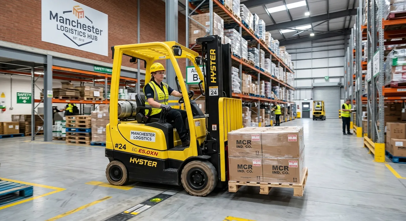 A professional, high-energy image of a skilled Forklift Driver in a modern, clean warehouse in Manch... A professional, high-energy image of a skilled Forklift Driver in a modern, clean warehouse in Manchester, operating a forklift with a pallet, wearing high-visibility gear and a safety helmet. The image should convey competence, safety, and a busy industrial environment.
