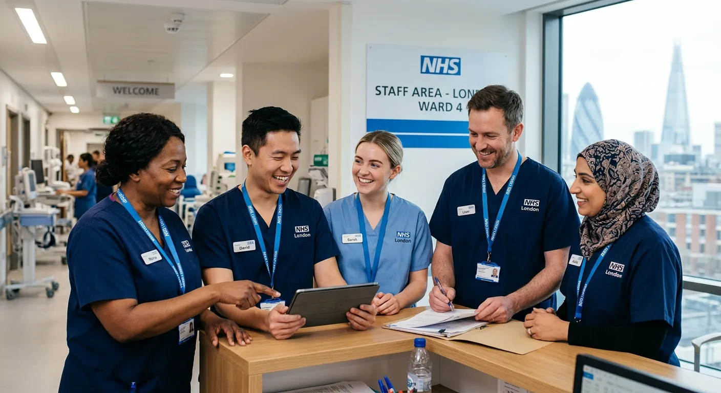 A diverse, professional team of healthcare support workers in a bright, modern hospital or care home setting in London, smiling and collaborating. Style: Authentic, welcoming, high-quality professional photo.