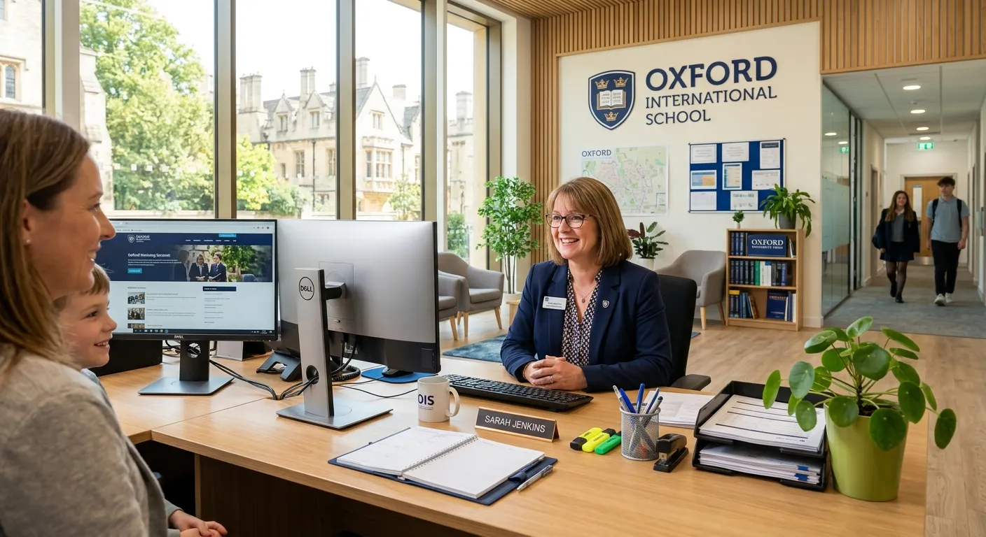 A professional, welcoming image of a modern school reception area in Oxford, featuring a friendly School Administrator at a tidy desk with a computer, plants, and organised stationery. Bright, natural lighting, professional mood.