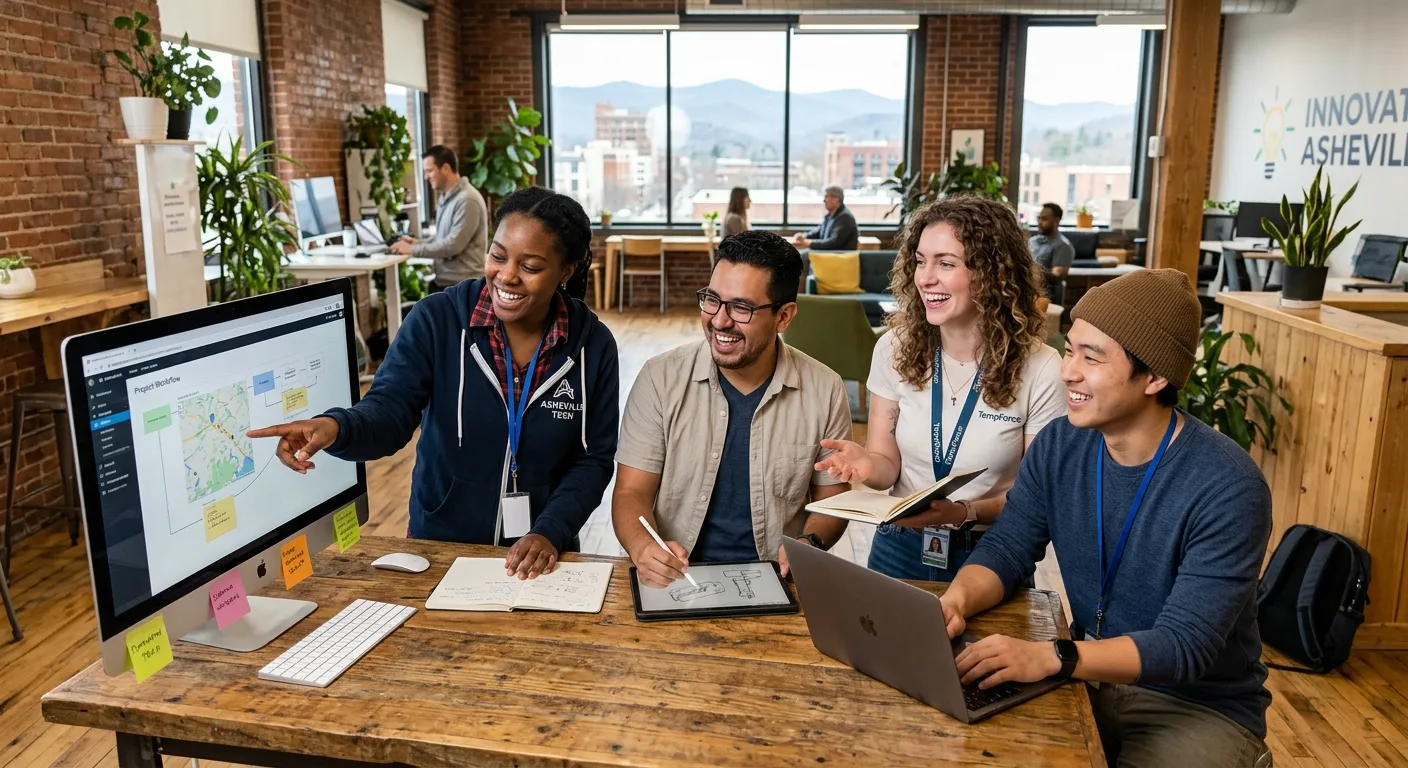 A professional, high-energy photo of a diverse group of temporary workers collaborating in a modern... A professional, high-energy photo of a diverse group of temporary workers collaborating in a modern Asheville business setting, such as a tech office, brewery, or healthcare facility. Smiling, engaged faces, natural light, conveying flexibility and partnership.