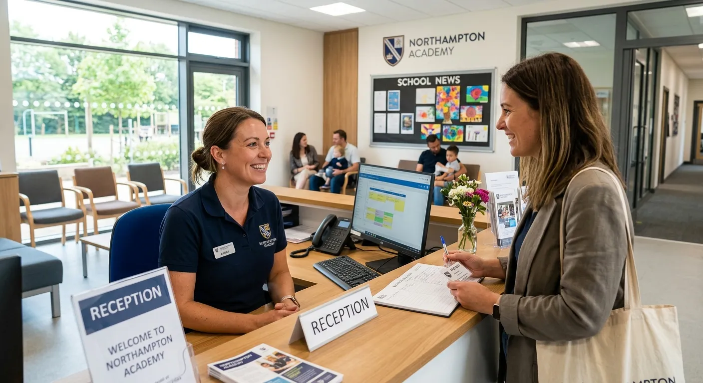 A professional, friendly school receptionist at a tidy front desk in a modern school reception area in Northampton, smiling and helping a visitor. Bright, welcoming atmosphere.