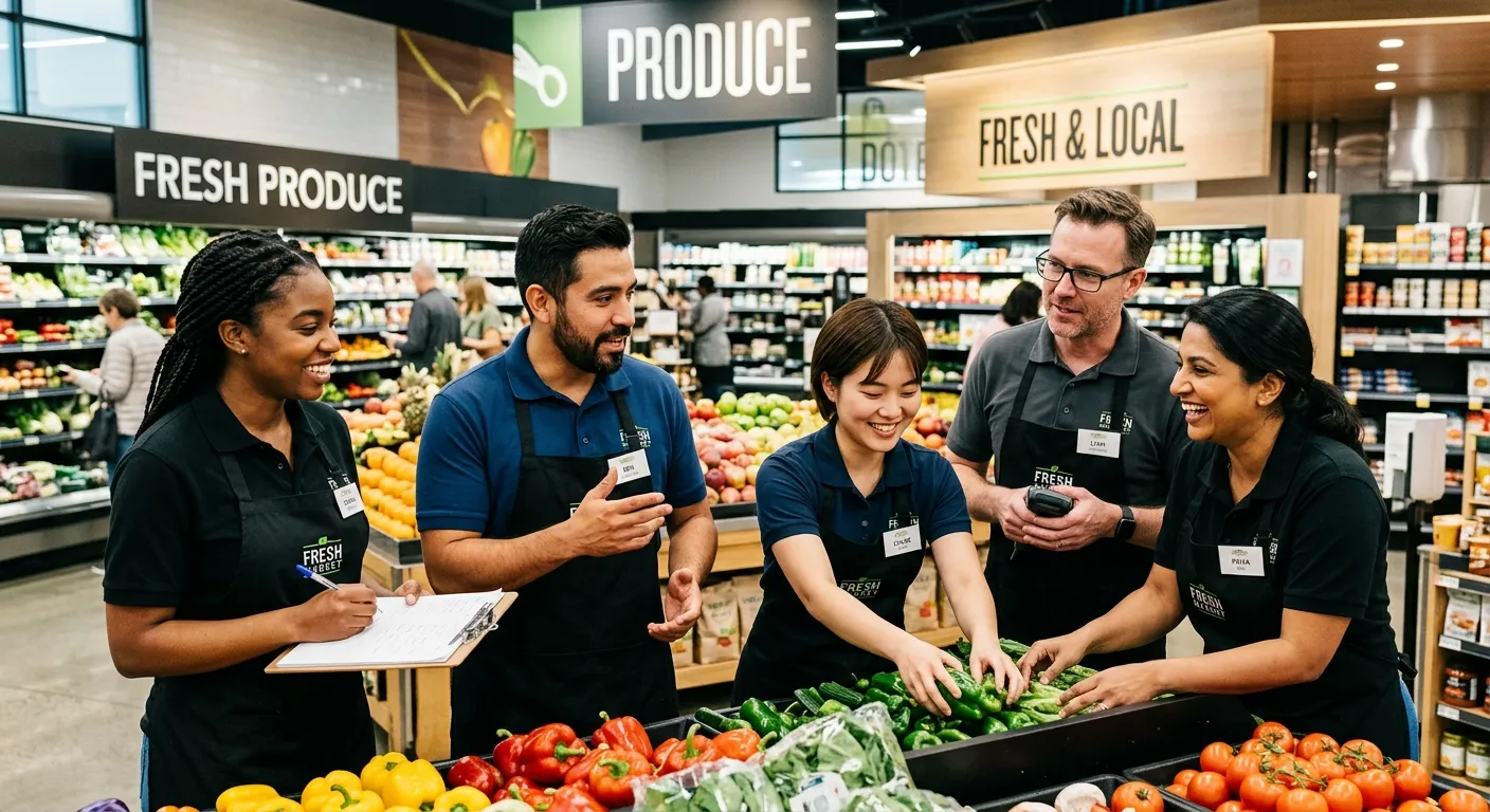 A professional, high-contrast image of a diverse team of supermarket and retail employees in a moder... A professional, high-contrast image of a diverse team of supermarket and retail employees in a modern store setting, collaborating. The mood is energetic, professional, and focused on teamwork.