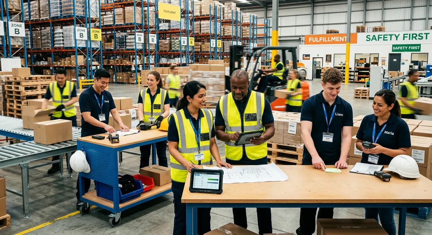 A dynamic, professional photo of a diverse team of temporary workers collaborating in a modern warehouse or office setting. The image should convey energy, reliability, and seamless integration. Style: High-contrast, vibrant, and professional.