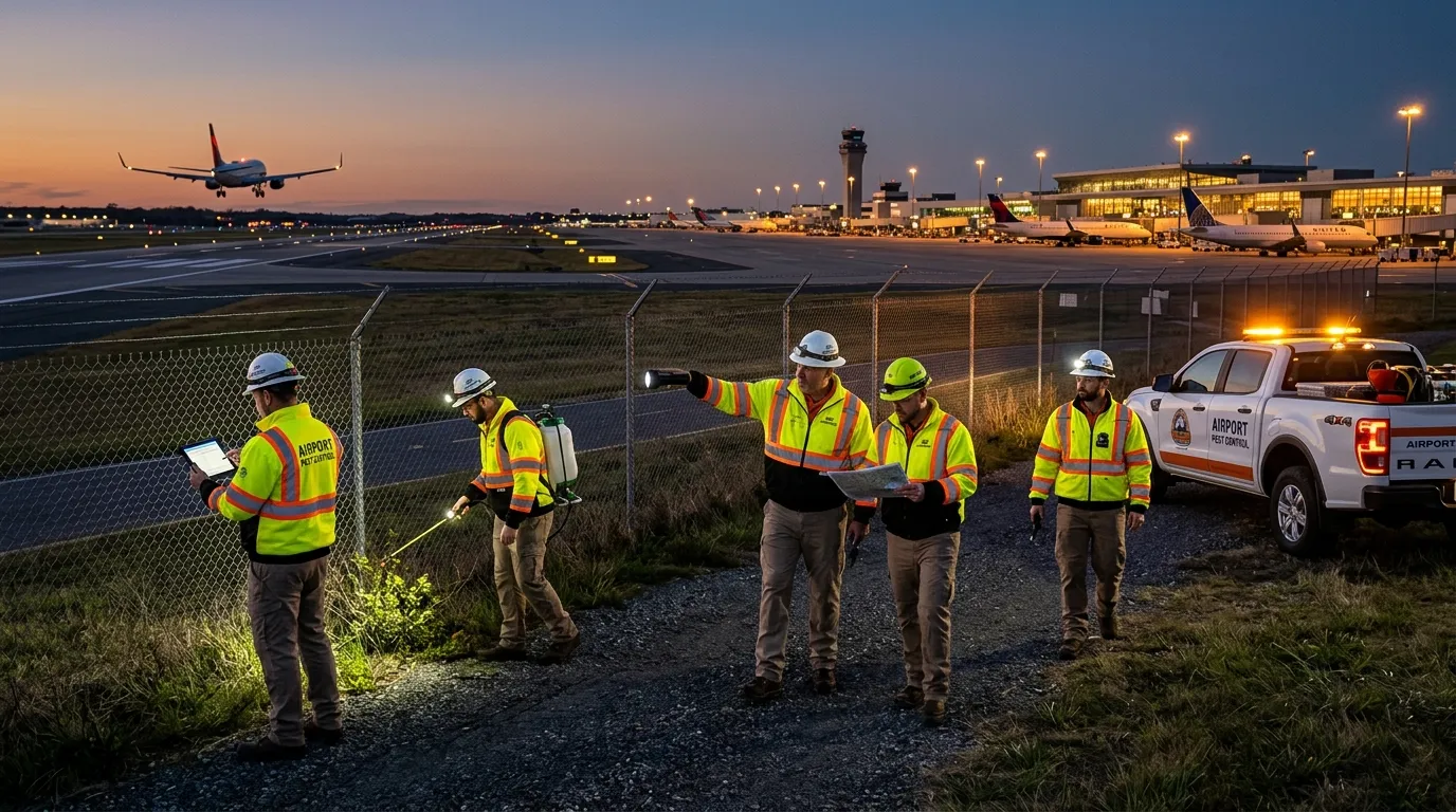 A professional, wide-angle hero image of a team of airport pest control technicians in high-visibili... A professional, wide-angle hero image of a team of airport pest control technicians in high-visibility uniforms, conducting a perimeter inspection on an airport tarmac at dusk. The mood is authoritative, safe, and critical.