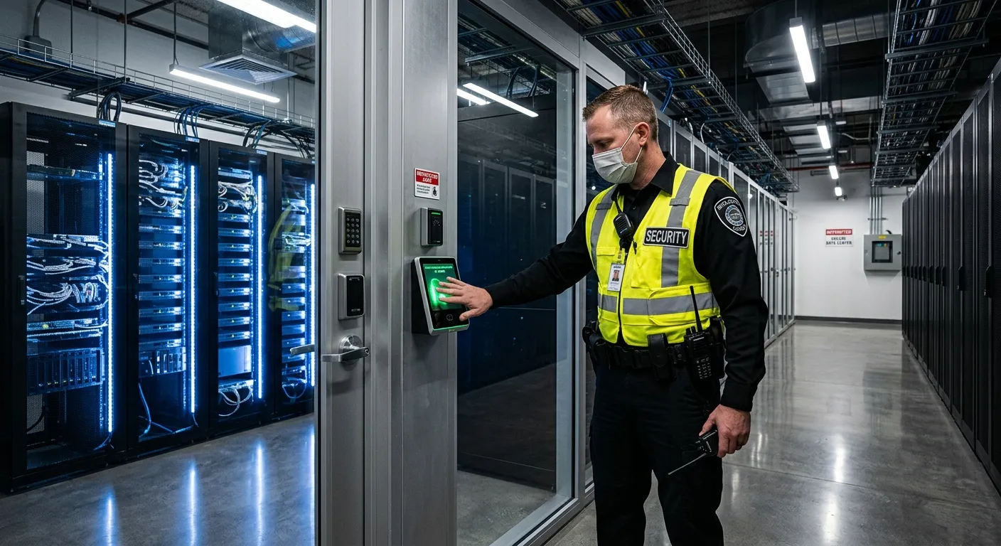 A modern, high-security server room or data centre with a professional security guard in high-visibility attire performing an access control check at a biometric scanner. The atmosphere is clean, high-tech, and secure.