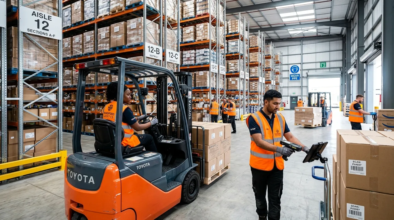 A dynamic, high-contrast hero image of a modern, well-organized warehouse in Bradford, featuring diverse warehouse operatives efficiently managing inventory with forklifts and scanning devices. The mood is professional, energetic, and forward-thinking.