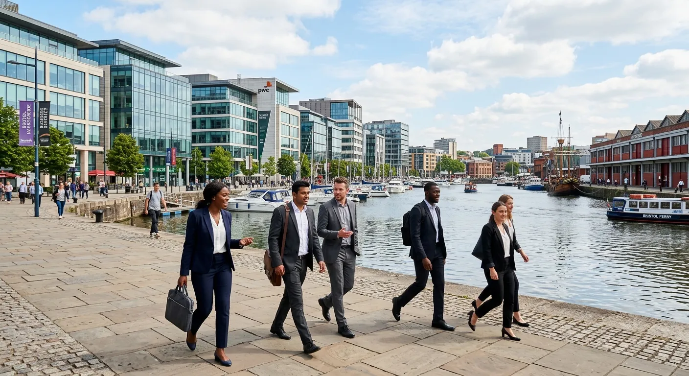 A dynamic, professional shot of Bristol's Harbourside with modern office buildings, symbolizing the... A dynamic, professional shot of Bristol's Harbourside with modern office buildings, symbolizing the city's vibrant business and recruitment landscape. A diverse group of professionals walking purposefully in the foreground.
